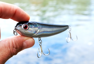 A hand holding a shiny fishing lure with red eyes and two treble hooks. The background shows a blurred view of water, suggesting an outdoor setting.
