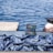 A pile of freshly caught fish is laid out on a flat surface by the water. Behind them, a small display advertises that various payment cards are accepted. The background shows a calm, blue body of water with several white birds floating in the distance.