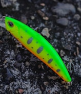 A bright and colorful fishing lure rests on a textured, rocky surface. The lure is predominantly neon green with orange highlights and black spots, equipped with metal hooks.